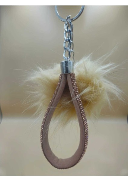 Camel Taşlı Tilki Tüyü Bej Angel Anahtarlık