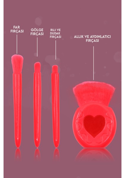 Profesyonel Taşınabilir Aynalı Makyaj Fırça Seti Kalpli Koyu Pembe