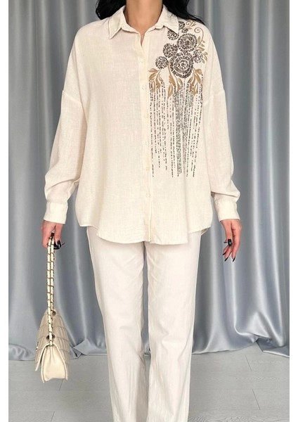 Krem Pulpayet Nakışlı Bedensiz Gömlek modelleri