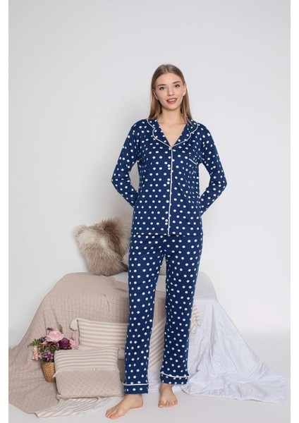 Kadın Mevsimlik Pamuk Likra Göğüs Cepli Boydan Önden Düğmeli Gömlek Yaka Uzun Kol Pijama Takımı