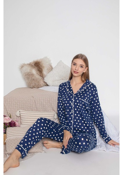 Kadın Mevsimlik Pamuk Likra Göğüs Cepli Boydan Önden Düğmeli Gömlek Yaka Uzun Kol Pijama Takımı fiyatları