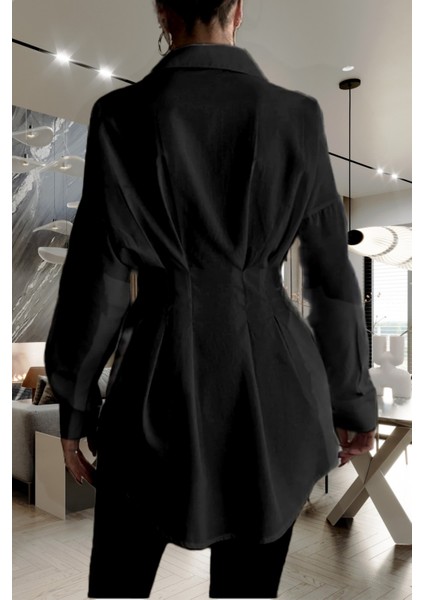 Kadın Belden Oturtmalı Pileli Tunik Siyah Gömlek