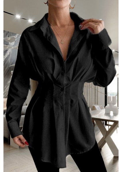 Kadın Belden Oturtmalı Pileli Tunik Siyah Gömlek fiyatları