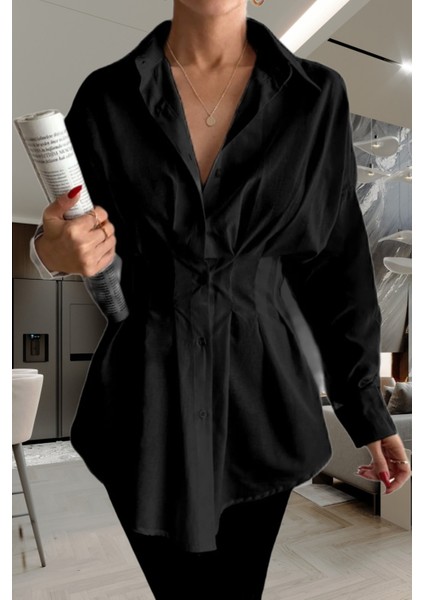Kadın Belden Oturtmalı Pileli Tunik Siyah Gömlek modelleri