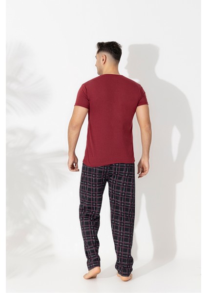 Erkek Kısa Kol Üst Bordo Alt Siyah Ekoseli Pijama Takımı