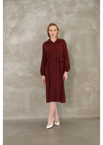 Arka Roba Büzgü Detay Elbise-Bordo