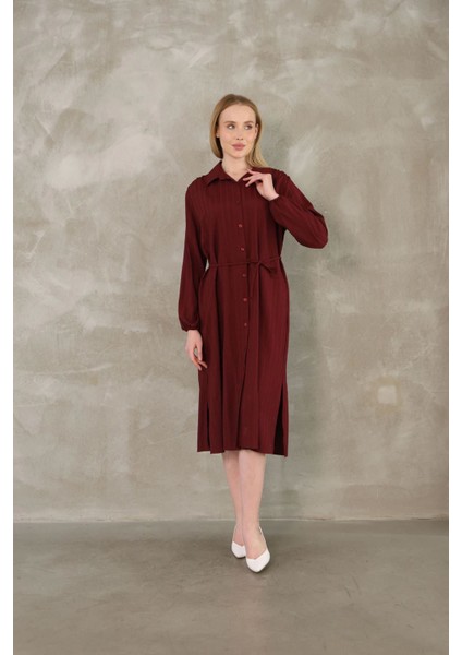 Arka Roba Büzgü Detay Elbise-Bordo modelleri