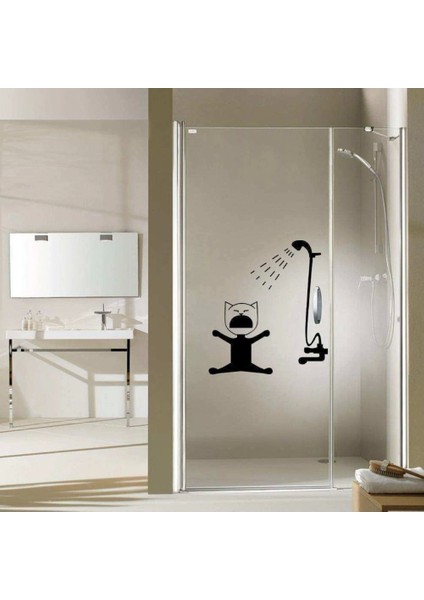 Duştan Korkan Kedicik Silüetli Dekoratif Banyo Duşakabin Sticker, Çıkartma, Etiket