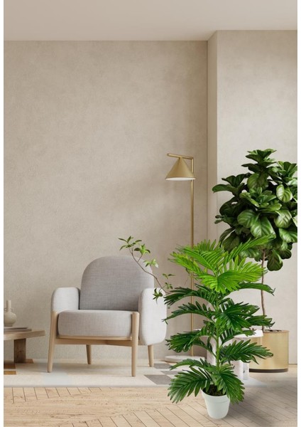 Yapay Çiçek Tropik Areka 80 cm 23 Yapraklı Salon Çiçeği Beyaz Saksılı Yapay Bitki