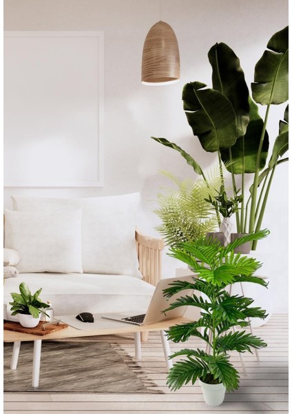 Yapay Çiçek Tropik Areka 80 cm 23 Yapraklı Salon Çiçeği Beyaz Saksılı Yapay Bitki