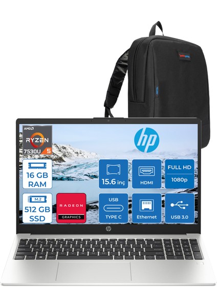 255 G10 Amd Ryzen 5 7530U 16GB 512GB SSD Amd Radeon Grafik Freedos 15.6" Taşınabilir Bilgisayar 9G1G0ETF07 + Zetta Çanta