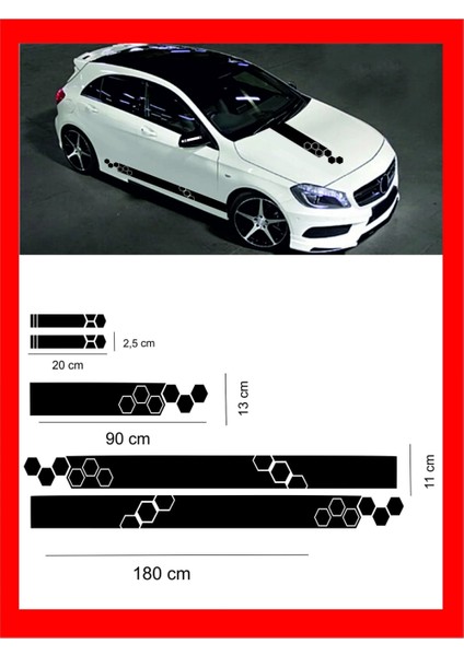 Oto Kaput-Marşpiyel-Yan Ayna Sticker 5 Li Set 180*10*1,5-90*13 cm