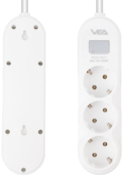 VA-21571 3'lü Anahtarlı 1.5 Metre Akım Korumalı Priz Beyaz fiyatları