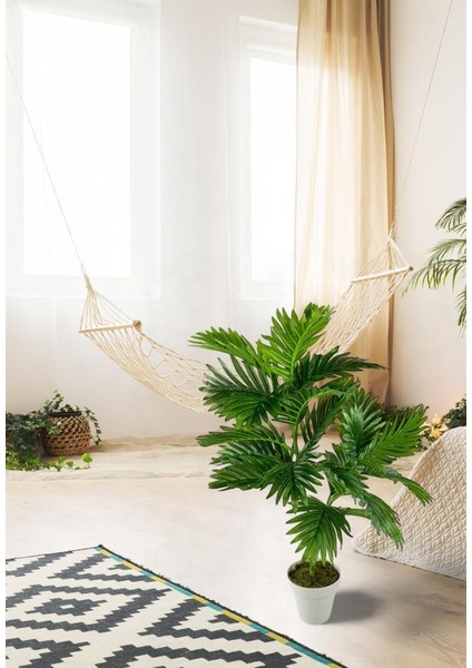 Yapay Çiçek Areka Palmiye Ağacı 85 cm 2dal Salon Çiçeği Beyaz Saksılı Yapay Bitki