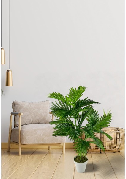 Yapay Çiçek Areka Palmiye Ağacı 85 cm 2dal Salon Çiçeği Beyaz Saksılı Yapay Bitki