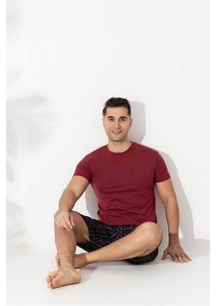Erkek Kısa Kol-Şort Üst Bordo Alt Siyah Ekoseli Pijama Takımı
