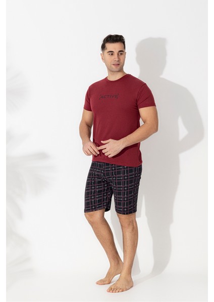 Erkek Kısa Kol-Şort Üst Bordo Alt Siyah Ekoseli Pijama Takımı