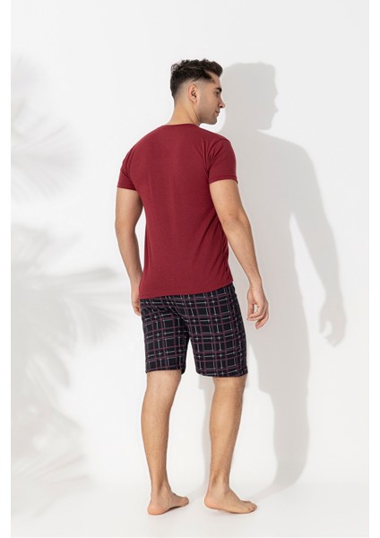 Erkek Kısa Kol-Şort Üst Bordo Alt Siyah Ekoseli Pijama Takımı