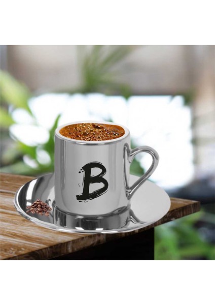 Bümareklam Kişiye Özel Başharflibaskılı Metalik Gümüş Kahve Fincanı