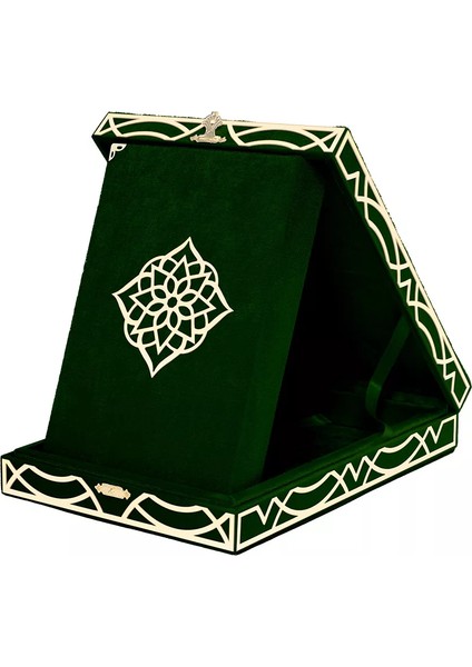 Kadife Kutulu Kur'an-ı Kerim (Orta Boy, Pleksili Desen, Yeşil)