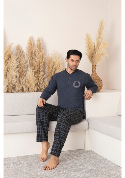 Erkek Uzun Kol (Mevsimlik) Patlı Yaka Alt Ekose Pijama Takımı