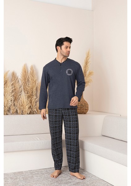 Erkek Uzun Kol (Mevsimlik) Patlı Yaka Alt Ekose Pijama Takımı