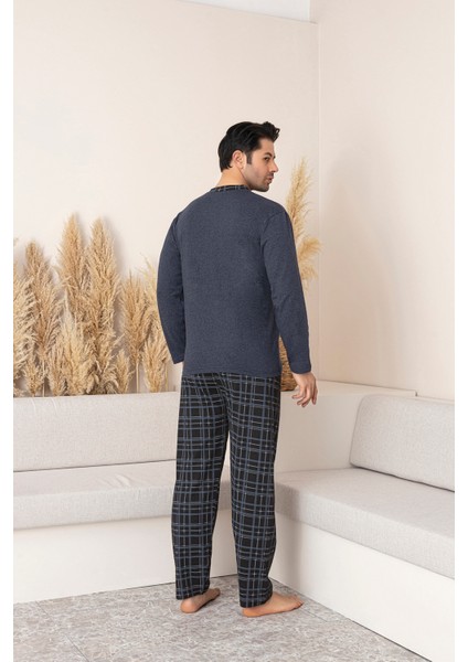 Erkek Uzun Kol (Mevsimlik) Patlı Yaka Alt Ekose Pijama Takımı