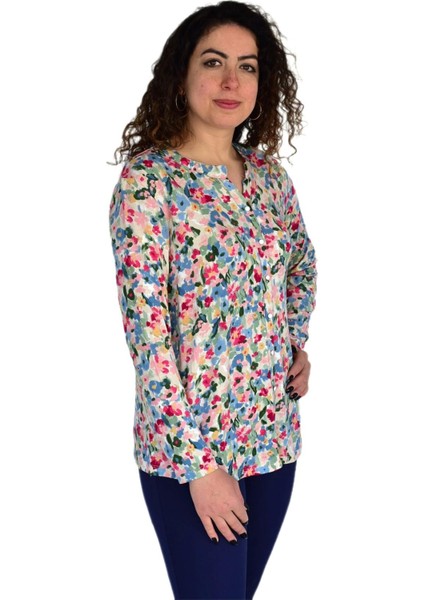 Kadın Çiçek Baskılı Düğmeli Viscon Bluz BGL-ST04275