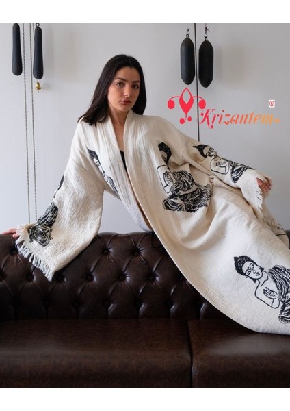 Bornoz ,Plaj Kıyafeti,Kimono , Kaftan ,Sabahlık Siyah Buda Desen Baskılı