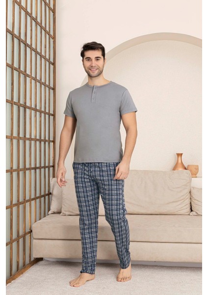 Erkek Ekose Desen 3 Düğmeli Bisiklet Yaka Modal Yazlık Kısa Kol Cepli Pijama Takımı