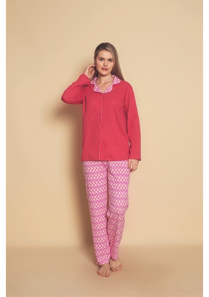 Kadın Uzun Kol (Mevsimlik) Yaka Desenli Önden Düğmeli Pijama Takımı fiyatları