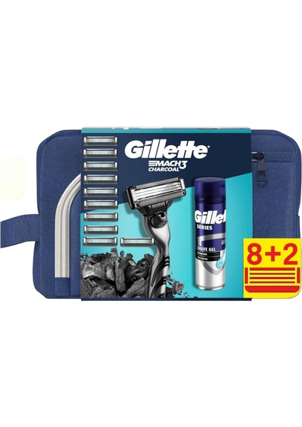 Mach3 Charcoal Makine ve 10 Tıraş Bıçağı Yedek - Charcoal Series Jel 200 ml - Çanta