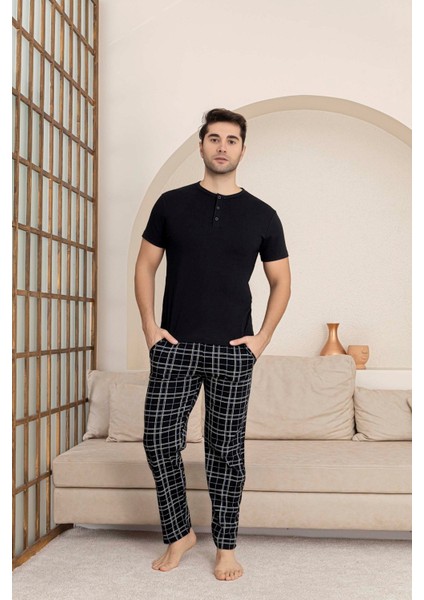 Erkek Ekose Desen 3 Düğmeli Bisiklet Yaka Modal Yazlık Kısa Kol Cepli Pijama Takımı