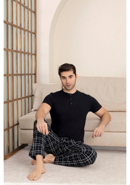 Erkek Ekose Desen 3 Düğmeli Bisiklet Yaka Modal Yazlık Kısa Kol Cepli Pijama Takımı