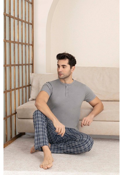 Erkek Ekose Desen 3 Düğmeli Bisiklet Yaka Modal Yazlık Kısa Kol Cepli Pijama Takımı