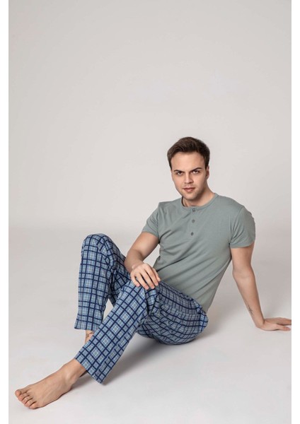 Erkek Ekose Desen 3 Düğmeli Bisiklet Yaka Modal Yazlık Kısa Kol Cepli Pijama Takımı