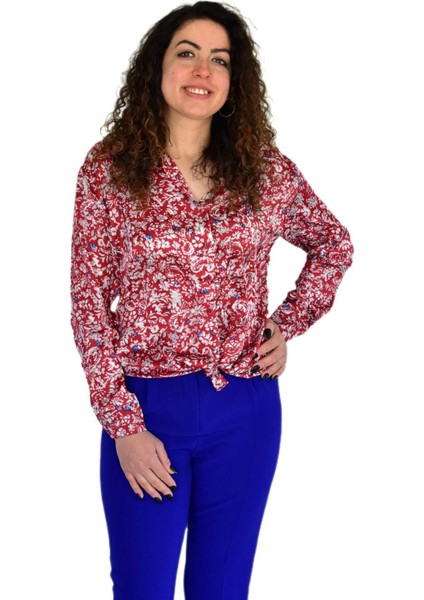 Kadın Saten Baskıkılı Desen Uzun Kol Gömlek BGL-ST04214
