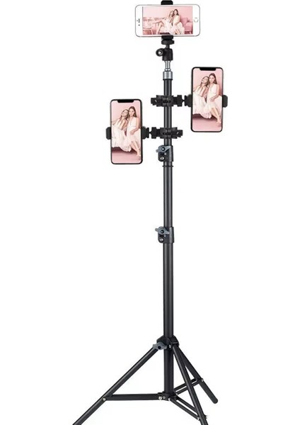 3 Telefon Başlıklı 2.1 Metre Uzayabilen Yükseklik ve Açı Ayarlı Youtuber & Influencer Çekim Tripodu Standı AL5035
