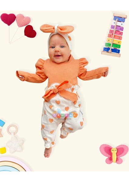 3-9 Ay Kız Bebek Kalp Waffle Bandanalı 2'li Tulum Turuncu