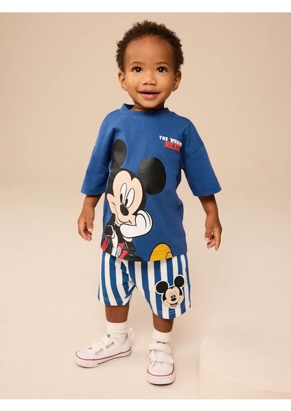 Erkek Bebek Mickey Mouse Baskılı Mavi Tişört ve Çizgili Şort Takım