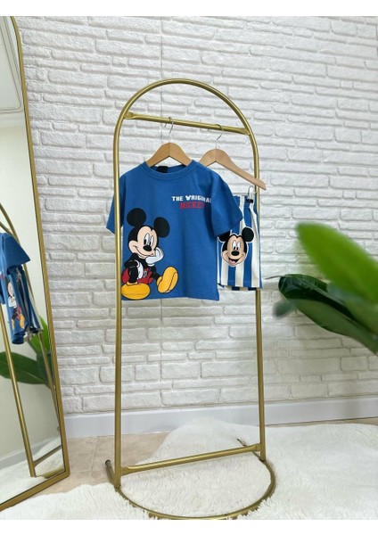 Erkek Bebek Mickey Mouse Baskılı Mavi Tişört ve Çizgili Şort Takım