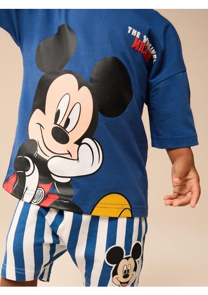 Erkek Bebek Mickey Mouse Baskılı Mavi Tişört ve Çizgili Şort Takım