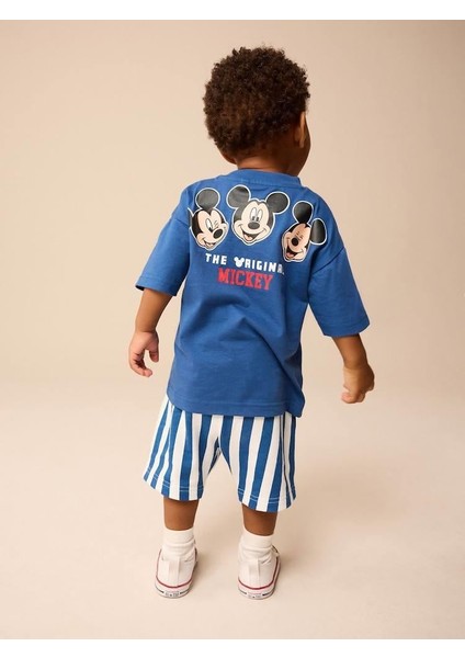Erkek Bebek Mickey Mouse Baskılı Mavi Tişört ve Çizgili Şort Takım