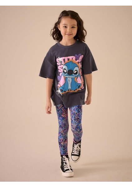 Kız Çocuk Stitch Baskılı Oversize Tişört ve Renkli Desenli Tayt Takım
