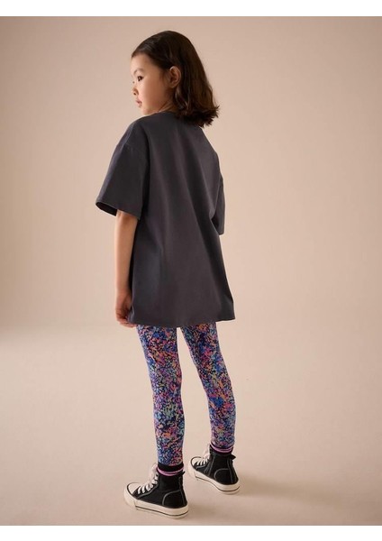 Kız Çocuk Stitch Baskılı Oversize Tişört ve Renkli Desenli Tayt Takım modelleri