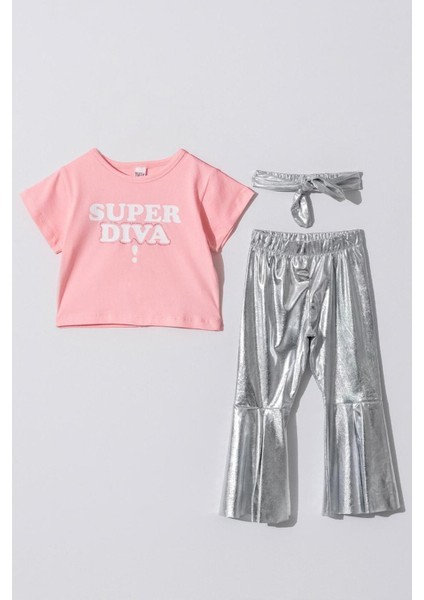 Kız Çocuk Pamuklu Crop T-Shirt Parlak Gri Ispanyol Paça Alt-Üst Takım