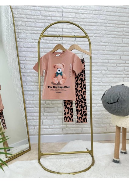 Kız Çocuk Ayıcık Baskılı Tişört ve Leopar Desenli Tayt Takım