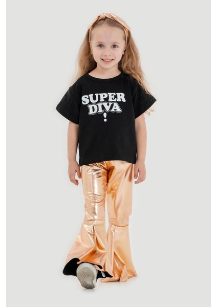 Kız Çocuk Pamuklu Crop T-Shirt Parlak Gri Ispanyol Paça Alt-Üst Takım