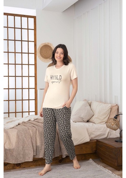 Kadın Düğmesiz Bisiklet Yaka Viskon Yazlık Kısa Kol Cepli Pijama Takımı