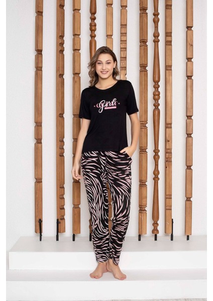 Kadın Düğmesiz Bisiklet Yaka Viskon Yazlık Kısa Kol Cepli Pijama Takımı